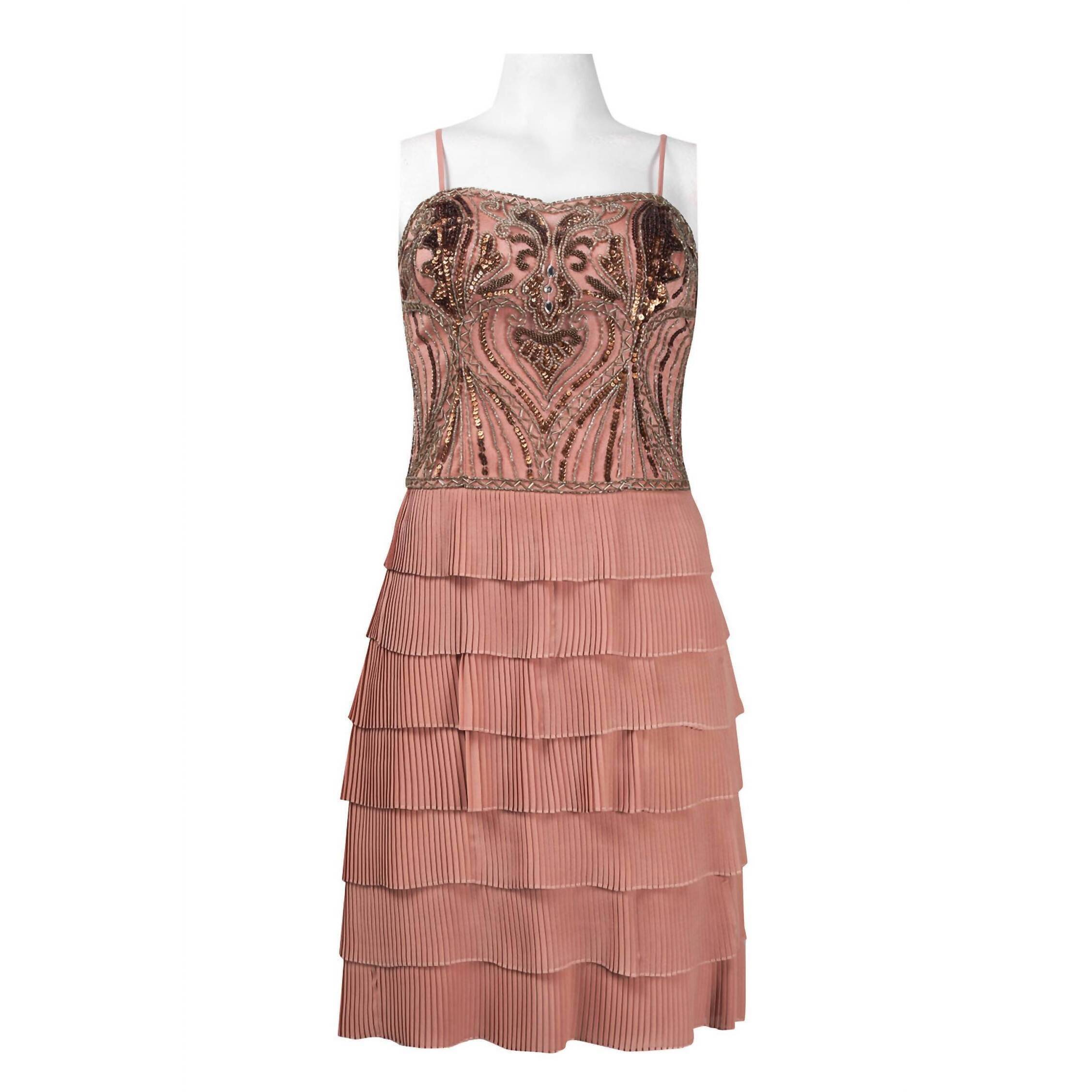 New Sue Wong Spaghetti Strap Beaded Accordion Dress In Sandalwood